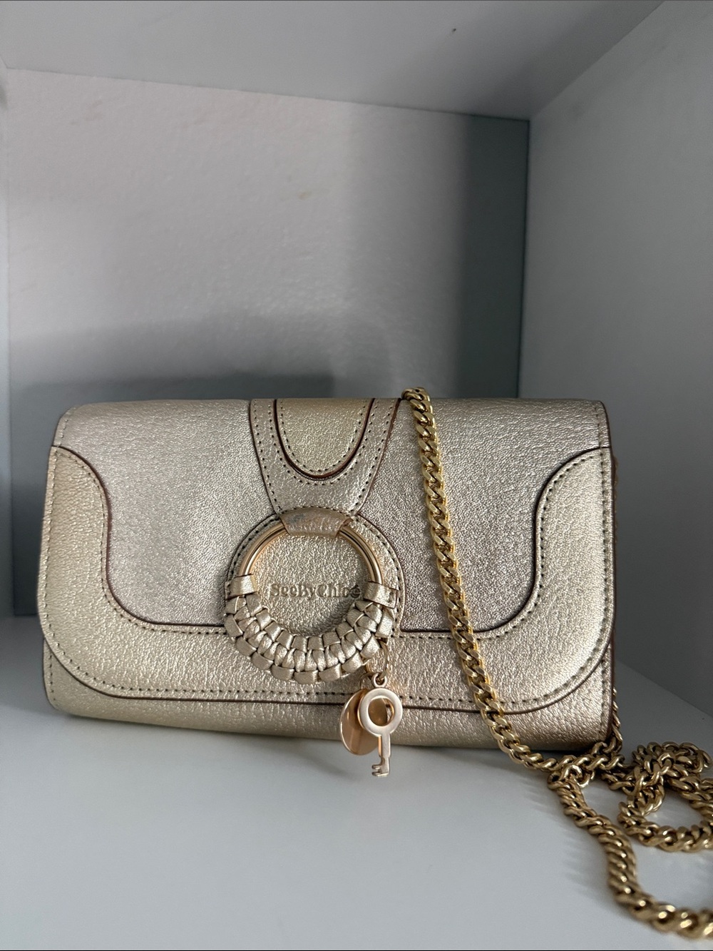 See By Chloe Metallic Champagne Gold Leather Crossbody with Signature Ring